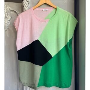Akris Punto Colorblock Intarsia Virgin Merino Wool Cap Sleeve Sweater $595 Sz 14